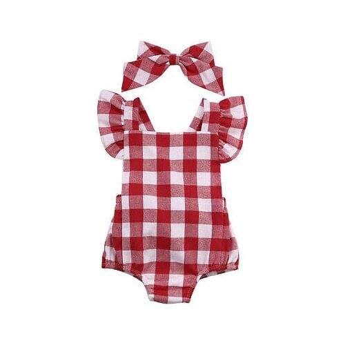 Summer Newborn Infant Kids Baby Girl Red Plaid Bodysuits Jumpsuit Red With Headband Outfit Clothes 0-18M SS