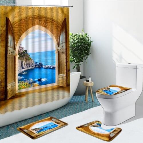Moroccan Arches Shower Curtains Ancient Architecture Door Non-Slip Flannel Rugs Bathroom Set Toilet Cover Bath Mat Indoor Decor