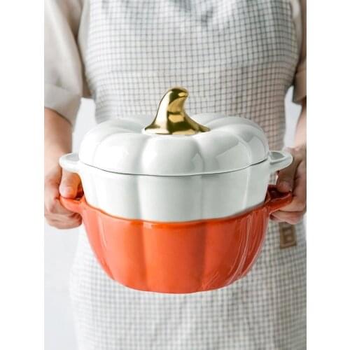 Creative Ceramic Baking Bowl Microwave Oven Double Ears with Lid Pumpkin Bowl керамическая посуда для запекания Salad Bowl