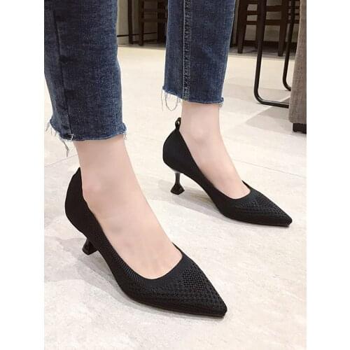 2021 spring and autumn new ladies all-match pointed high heels shallow mouth breathable flying woven single shoes
