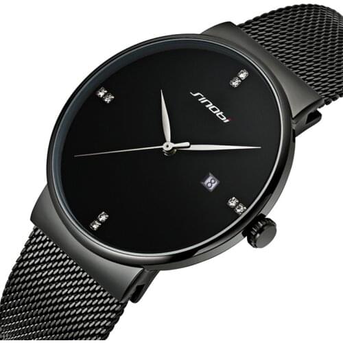 SINOBI Fashion Luxury Mens Wrist Watches Mesh Stainless Steel Watchband Crystal Male Clock Watch Calendar Relogio Masculino
