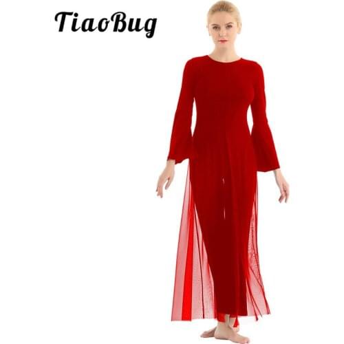 TiaoBug Adult One-piece Dancewear Long Flare Sleeve Ballet Leotard Jumpsuit Mesh Dress Women Contemporary Lyrical Dance Costumes