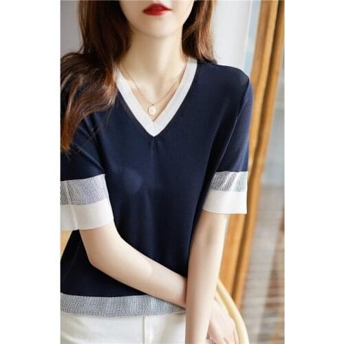 Row 10, No. 2, middle] non real shot net red picture, V-neck color matching short sleeve knitted T-shirt [1637] 30