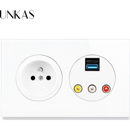 UNKAS USB 3.0 Jack VIDEO L/R Port Channels 16A French 146MM Wall Socket Multimedia Adapter HD Converter Box USB To VIDEO+FL+FR