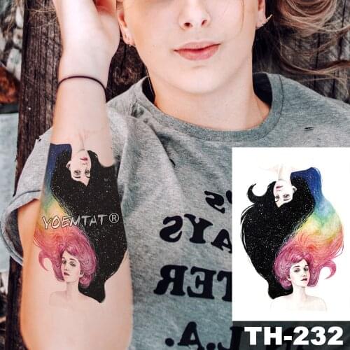 Waterproof Temporary Tattoo Sticker Black starry sky and rainbow hair girl pattern Water Transfer body art flash fake tatoo