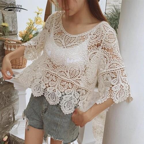 2021 New Ladys Short Sleeve Blouse Summer Hollow Out White Lace Shirt Women Hook Floral Top Female Sunscreen Shirt Blusas 14127