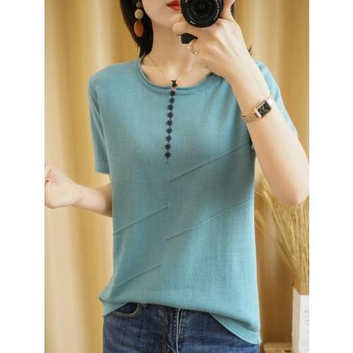 T-shirt femme 2021 new summer pure cotton top women round neck pullover short sleeve pure color knit sweater plus size tees hot