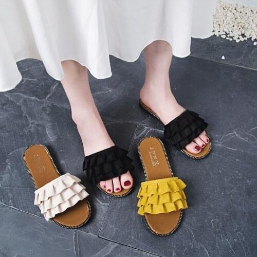 Women Slippers Candy Color Slides Woman Shoes Summer Flats Denim Slippers Lace Slide wrinkle Ladies Shoes zapatos mujer TX459