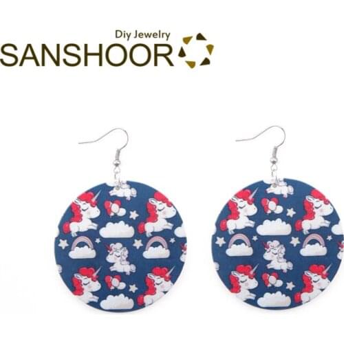 SANSHOOR Cute Unicorn Wooden Drop Dangle Earrings With Hooks 6cm Large Diameter Women Summer Bohemian Jewelry 6Pairs/lot