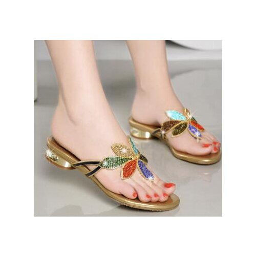 Latest Design Shoes Women low Heel Woman Sandals 2020 Summer Nigerian Women Party Wedding Decorated with Rhinestone 20205 gold