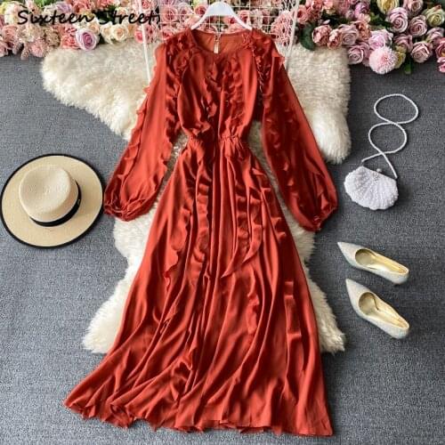 Maxi Dresses for Women Autumn High Waist Long Sleeve O Neck Chiffon Dress Ruffles Y2k Clothing Women Vestido De Mujer Sexy Dress
