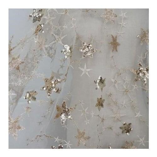 1 Yard Gold Sequin Stars Embroidery Lace Fabric for Formal Evening gowns, Princess dress, Bridesmaids gown