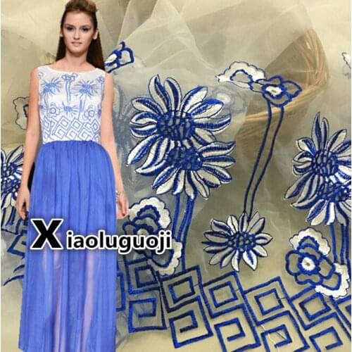 140*100cm blue prom lady skirt Dress Applique DIY Headdress scarf veil Embroidered Lace Fabric Patch curtain table cover