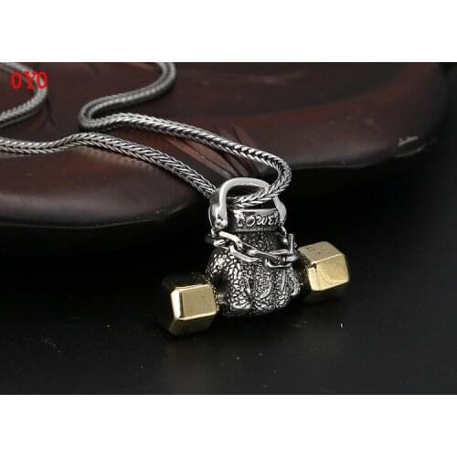 2021 new style 925 sterling silver jewelry retro dyed black Thai silver sports fist dumbbell pendant