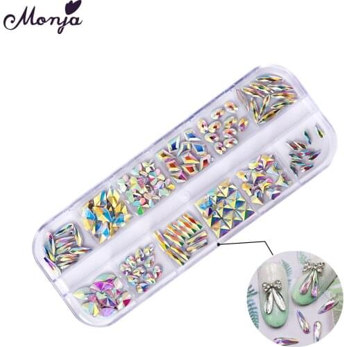 Monja 12 Grids/Box 3D Charm Colorful Nail Art AB Flat Rhinestones Multi-size Mixed Shape Crystal Jewelry DIY Manicure Decoration