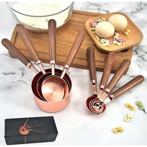 4pcs Wood Handle For Kitchen Dining Bar Baking Tools Rose Gold Stainless Steel Copper Plateing Measuring Cups Spoon Set Walnut
