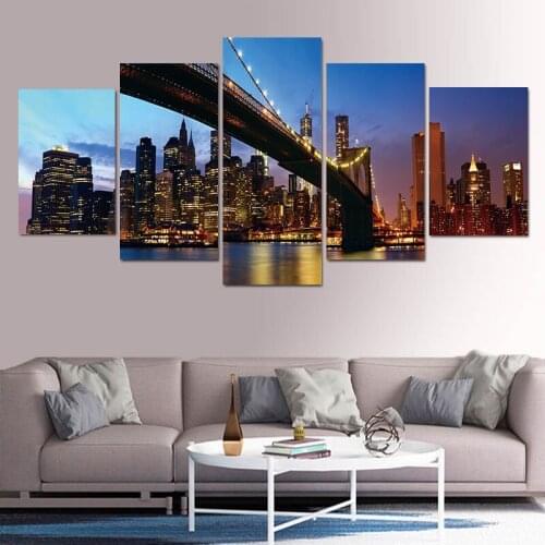 Canvas Pictures Framework 5 Pieces Brooklyn Bridge City Night View Painting Home Wall Art Decor Poster Bedroom Modular Oil