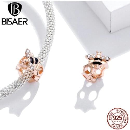 BISAER Little Bee Beads 925 Sterling Silver CZ Insect Charms Fit Bracelet Necklace Pendant Cute Fashion Jewelry Gift EFC371