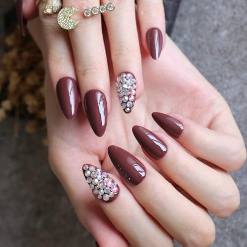 Drop-shaped shiny wedding fake nails burgundy UV glossy blue false nails full crystal diamonds Handmade 28pcs full set