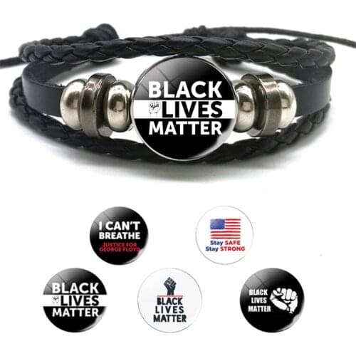''BLACK LIVES MATTER'' Quote Personality Black Leather Bracelet''I CAN'T BREATHE''Button Bangle Freedom Equality Glass Jewelry