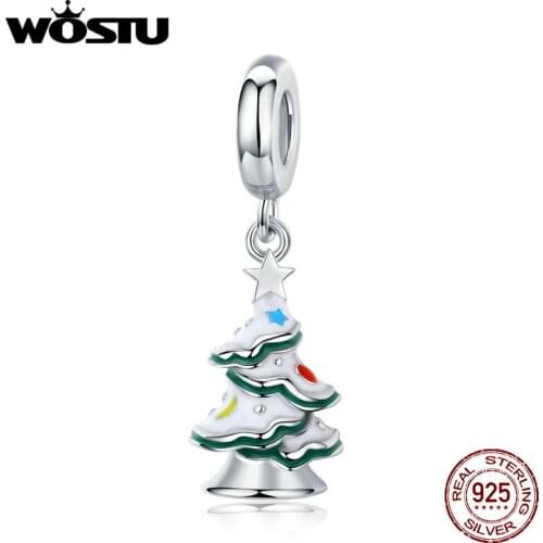 WOSTU Christmas Gift Real 925 Sterling Silver Christmas Tree Charms Beads Fit Original Bracelet Pendant Holiday Jewelry BKC1356