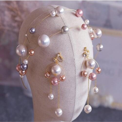 HIMSTORY High Grade European Big Round Pearls Brides Headband Earring Bridal Wedding Hair Accessory Prom Headdress Accessories
