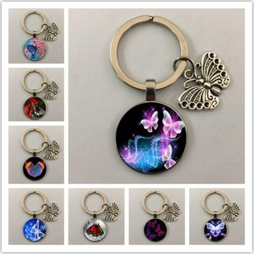 New style colorful butterfly and flower round glass keychain cabochon keychain jewelry gift