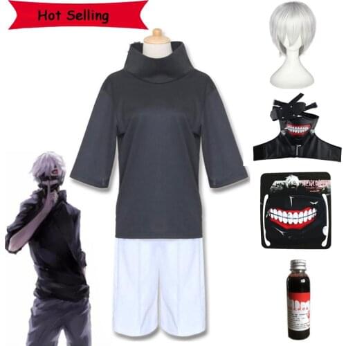 JP Anime Tokyo Ghoul Ken Kaneki Cosplay Costume Full Set Black Hooded T-shirt Fight Uniform Women Men Halloween Costume Mask Wig