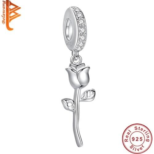 Fashion 100% 925 Sterling Silver Rose Flower Charm With Platinum Plated Charm Fit Original Bracelet necklace Romantic Gift