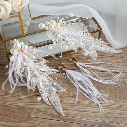 Feather flower hair decoration Leaf bride tiara Headdress earrings sets Immortal Temperament party Bride hair accessories
