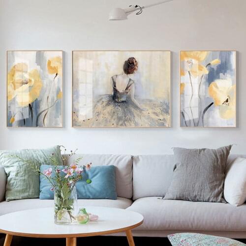 Nordic Living Room Hand-Painted Flower Beauty Triptych Light Luxury Decorative Painting Dining Room Bedroom Mural