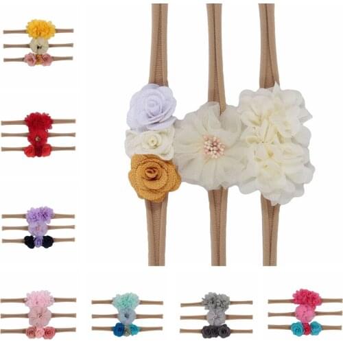Nishine New 3pcs/lot Chiffon Rose Flower Nlyon Headband Baby Girls Headwear Set Photography Props Birthday Gifts