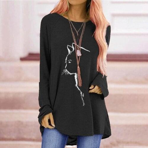 2021 new Women Autumn Long Sleeve Cats Print O Neck Mid-length Loose Blouse Top T-shirt Femme Camisetas Verano Mujer 2021