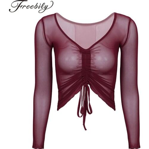 Adult Female Casual Mesh Gymnastics Leotard Modern Dance Tops Blouse Shirt Clothes Classical Ballet Training Cover Ups Dancewear