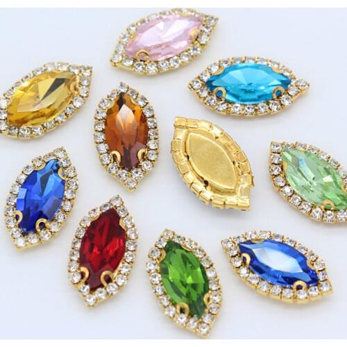 6p 9x18mm navette color costume Dress stone sewing on crystal glass rhinestone applique Gold base buckle for Clothes Dress Craft