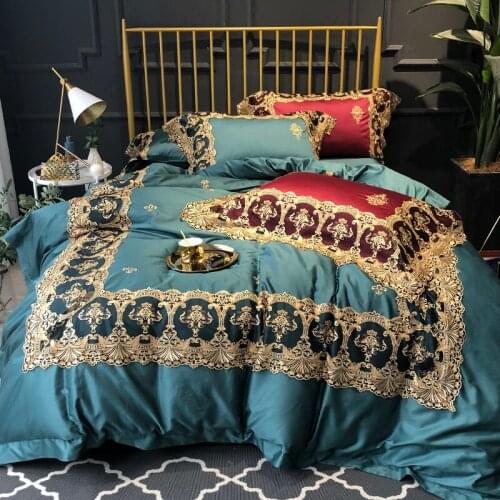 Luxury Blue Golden Lace 120S Egyeptian cotton Royal Bedding sets Queen King Wedding Duvet cover Bed sheet set Pillowcases 4pcs