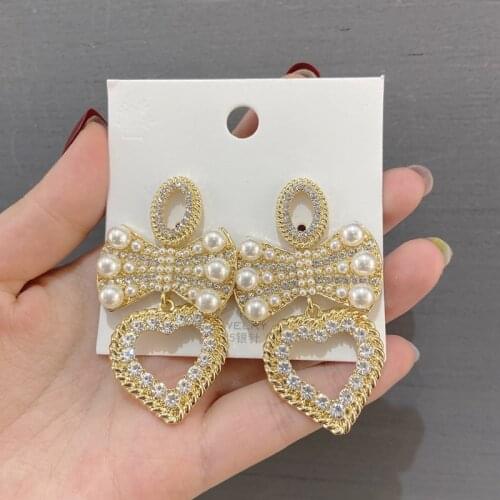 Luxury Fashion Korean Heart Crystal Pendientes For Women Elegant Pearl Beads Bowknot Drop Earrings Party Jewelry