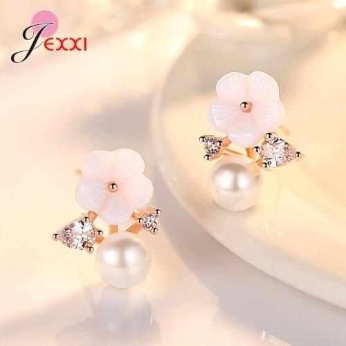 Sweet OL Ear Decoration Earring Solid 925 Sterling Silver S925 Pendientes Jewelry Round White Pearl/Seashell Plum Blossom