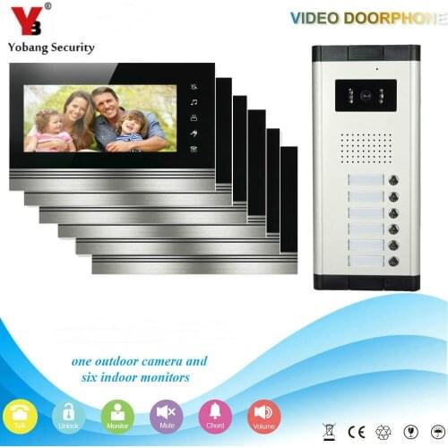 Yobang Security 6 Units Apartment Intercom Entry System Wired 7'' Monitor Audio Video Door Phone Bell