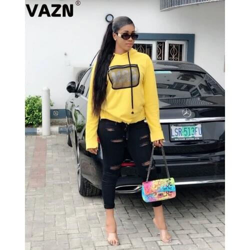 VAZN 2020 Top Quality Yellow Casual Daily Nature Young Hooded Full Sleeve Women Regular Slim Hoodies