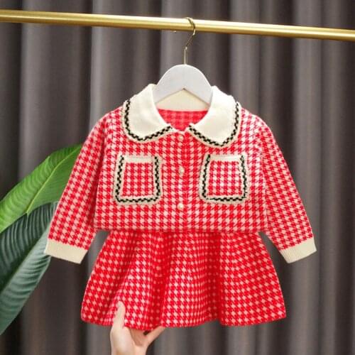 Girls' Plaid Long-sleeved Knitted Dress Two-piece Suit Toddler Girl Fall Clothes Kids Clothes Kids Boutique Clothing Wholesale