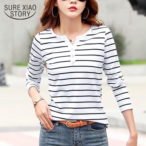 T Shirt Spring Autumn Female Clothing Cotton T-Shirt Women Long Sleeve Striped Fashion Top Tee Lady V-neck Plus Size 7215 50