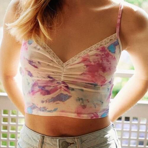 Women Tie Die Cropped Tops Summer Lace Tops Patchwork Sexy Sleeveless Tank Tops Backless Bodycon 90s Camisole Beach Cute Tops