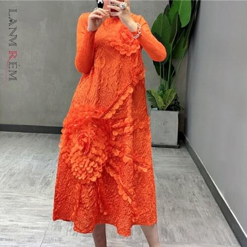 LANMREM Women Pleated Long Flowers Printed Dress New Round Neck Long Sleeve Loose Fit Fashion Tide autumn winter 2021 2E1142