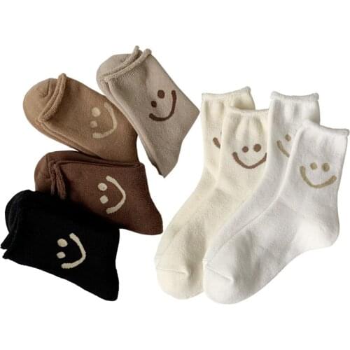 Winter Warm Thermal Socks Smiley Women Trend Wool Socks Fluffy Fuzzy Cashmere Snow Cotton White Black Sleeping Socks 2020 New