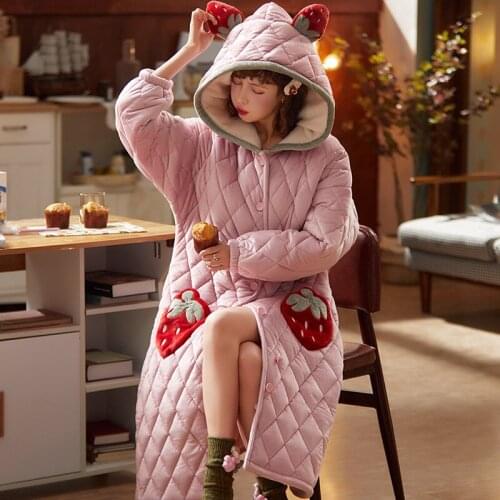 Winter Pajamas Warm Nightgown Flannel Household Long Sleeve Hoode Robe Set