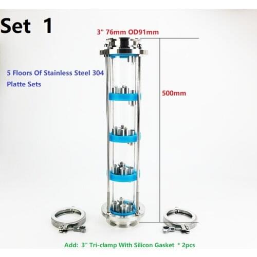 5 Floors 3" Distillation Lens Column With Stainless Steel 304 Platte Sets,Tri-Clamp Sight Glass Union Stainless Steel 304