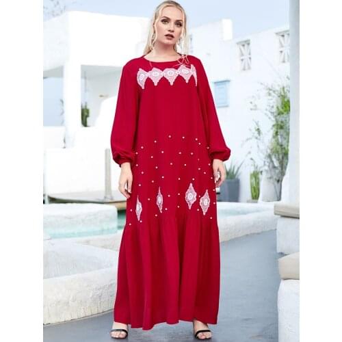 Aligaia Fashion Embroidered Beading Dress For Women 2021 Summer Ramadan Aid Moubarak Dresses Dubai Turkey Arabic Muslim Dress