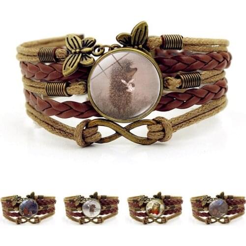 Hedgehog In The Fog Cartoon Photo Handmade Braided Bracelet Men Infinity Butterfly Jewelry Multilayer Brown Leather Bracelet