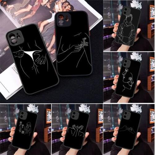 Phone Case For iPhone 12 11 Mini Pro XR XS Max 7 8 Plus X Simple black sexy girls lines Matte transparent cover
